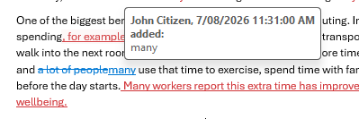Example multiple user edits to text in Word